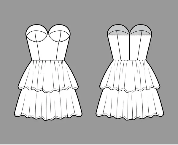 Strapless vestido bustier técnica moda ilustração com mangas, corpo equipado, 2 linha mini comprimento saia em camadas — Vetor de Stock