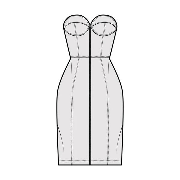 Сукня Zip-up трубки технічна модна ілюстрація з двостороннім, без рукавів, плавним, пристосованим тілом, спідницею довжини коліна . — стоковий вектор
