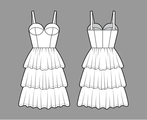 Bustierkleid technische Mode Illustration mit ärmellosen, Cups, taillierten Körper, 3 Reihen knielangen Rüschenrock. — Stockvektor