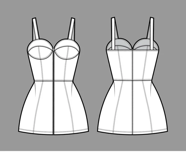 Sukienka zapinana na zamek błyskawiczny Ilustracja moda techniczna z bustier, bez rękawów, ramiączka, dopasowany korpus, długość mini — Wektor stockowy