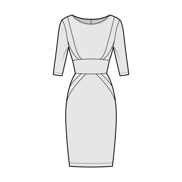 Ilustracja moda techniczna panelu sukienka z sylwetką klepsydry, rękawy łokciowe, dopasowany korpus, spódnica długości kolana — Wektor stockowy