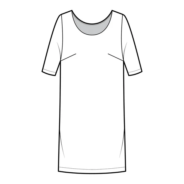Dress Shift chemise technische Mode Illustration mit mittleren Ärmeln, übergroßen Körper, knielangen Bleistiftrock. Flach — Stockvektor
