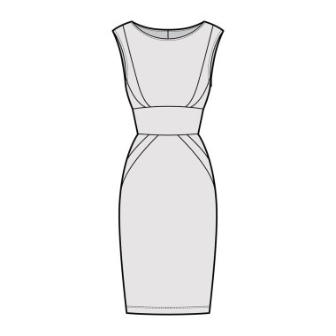 Kum saati silüeti, kolsuz, üzerine oturan bir vücut, diz boyu etek..