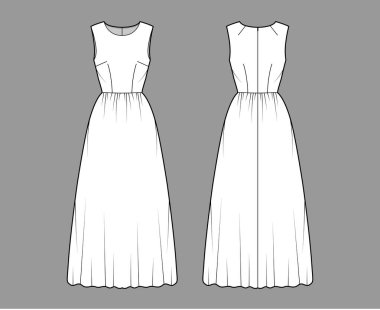 Uzun, teknik moda illüstrasyonunu kolsuz, vücuda uygun, zemin uzunluğunda etekli giyin. Düz giysi.