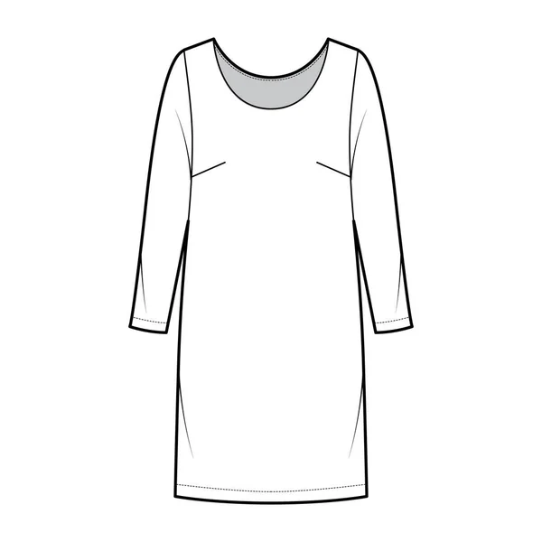 Cambio de vestido chemise ilustración técnica de moda con mangas largas, cuerpo de gran tamaño, longitud de rodilla lápiz falda ropa — Vector de stock