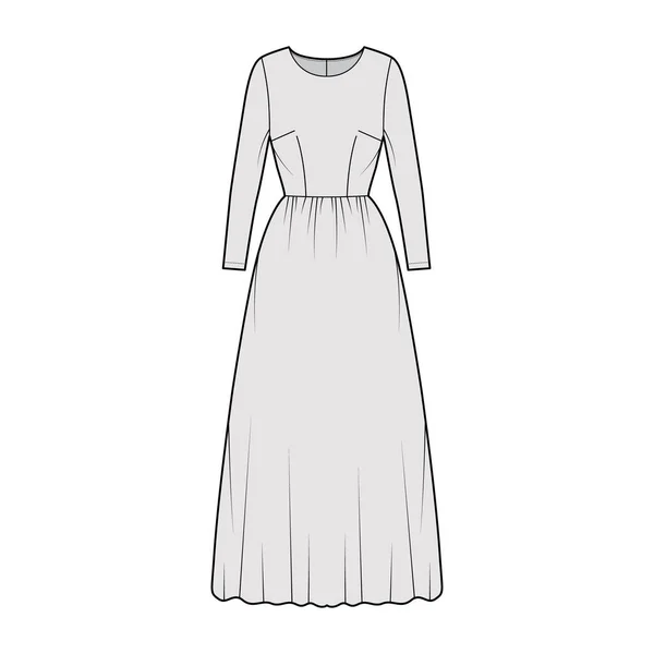 Vestido de larga ilustración técnica de moda con manga larga, cuerpo ajustado, longitud del piso falda completa. Ropa plana — Archivo Imágenes Vectoriales