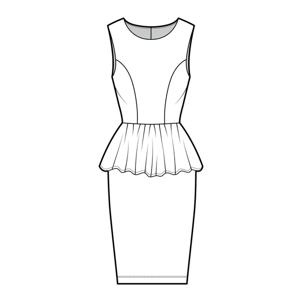 Платье peplum техническая мода иллюстрация с без рукавов, оснащенный тело, колено длиной оболочки юбки, круглый шею. Плоская квартира — стоковый вектор