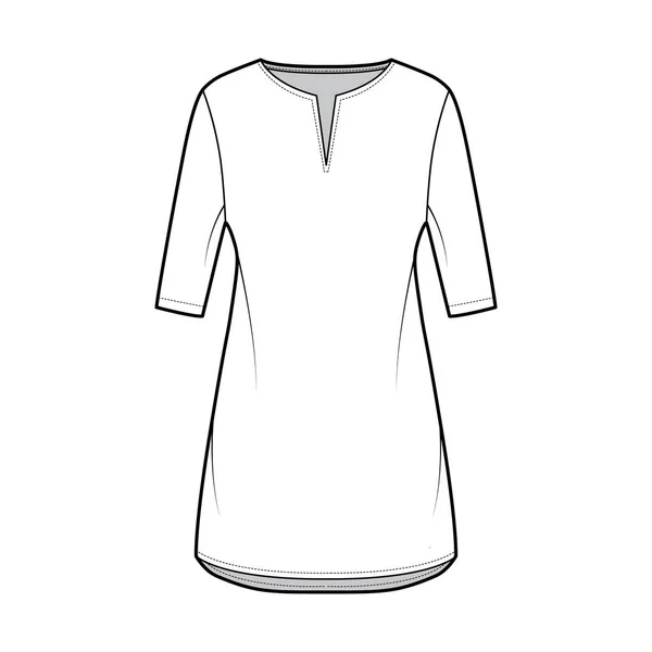 Vestido túnica técnica ilustración de moda con mangas de codo, cuerpo de gran tamaño, mini falda de longitud, cuello cortado. Plano — Vector de stock