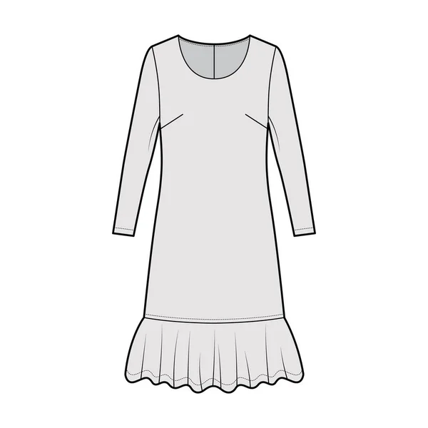 Vestido caído cintura técnica moda ilustración con mangas largas, cuerpo de gran tamaño, falda de longitud de rodilla, cuello redondo — Vector de stock