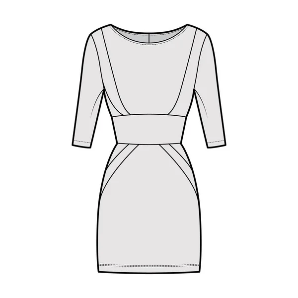 Ilustração de moda técnica de tubo de vestido com silhueta de ampulheta, mangas de cotovelo, corpo equipado, mini saia de comprimento — Vetor de Stock