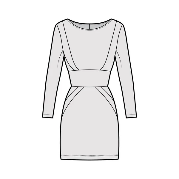 Ilustração de moda técnica de tubo de vestido com silhueta de ampulheta, mangas compridas, corpo equipado, mini saia de comprimento —  Vetores de Stock