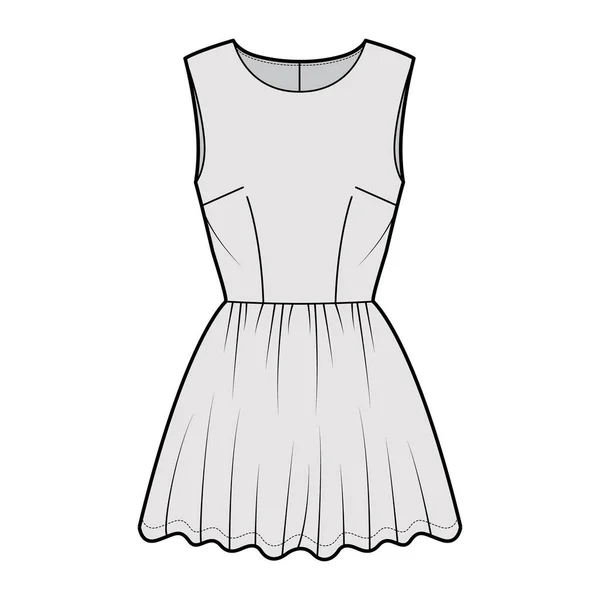 Vestido corto ilustración técnica de moda con sin mangas, cuerpo ajustado, mini falda completa de longitud. Ropa plana — Archivo Imágenes Vectoriales