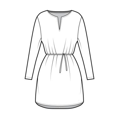 Uzun kollu, uzun kollu, geniş vücutlu, mini etekli, kesik boyunlu bir elbise. Düz