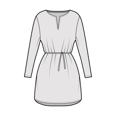 Uzun kollu, uzun kollu, geniş vücutlu, mini etekli, kesik boyunlu bir elbise. Düz