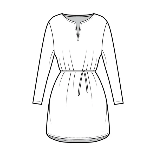 Vestido túnica técnica ilustración de moda con corbata, mangas largas, cuerpo de gran tamaño, mini falda de longitud, cuello cortado. Plano — Vector de stock