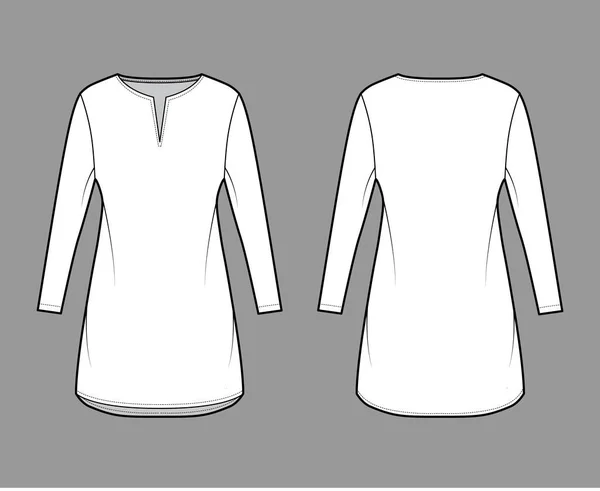 Сукня туніка технічна модна ілюстрація з довгими рукавами, великим тілом, спідницею міні-довжини, нарізаним одягом для шиї — стоковий вектор
