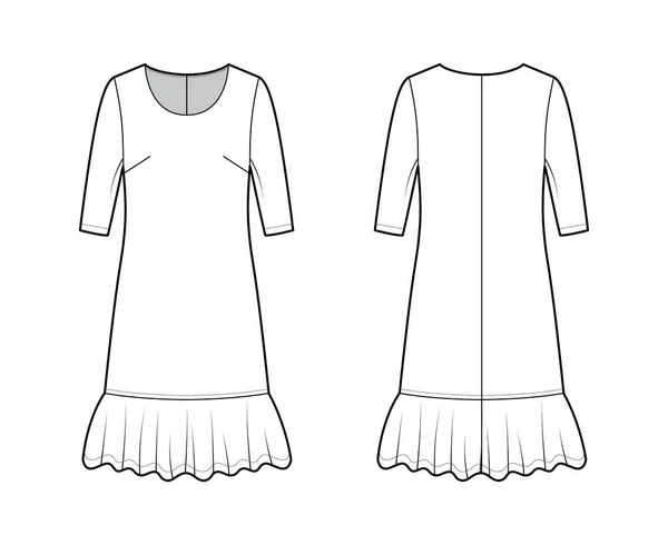 드레스 는 허리 기술적 인 패션 의 예를 들어 팔꿈치 소매, 너무 큰 몸, 무릎까지 의 스커어 트 , 둥근 목, — 스톡 벡터