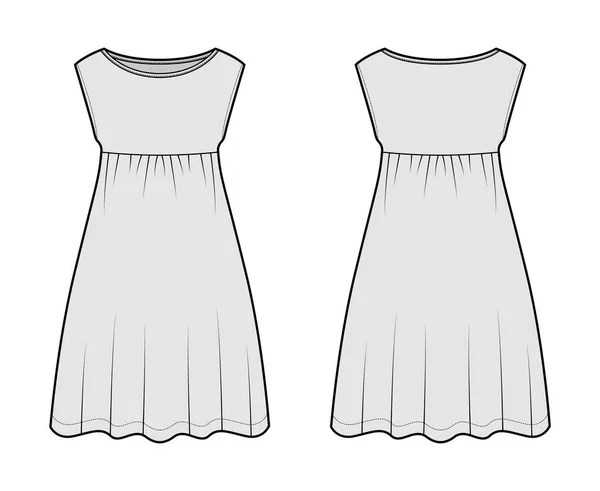 Kleid babydoll technische modeillustration mit ärmellosen, übergroßen körper, knielangen A-line rock, bootsausschnitt. Flach — Stockvektor