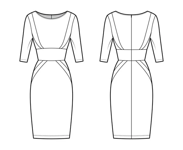 Ilustracja moda techniczna panelu sukienka z sylwetką klepsydry, rękawy łokciowe, dopasowany korpus, spódnica długości kolana — Wektor stockowy