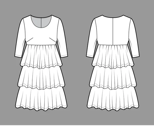 Vestido babydoll ilustración técnica de moda con mangas de codo, cuerpo de gran tamaño, longitud de la rodilla volante falda estratificada. Plano — Vector de stock