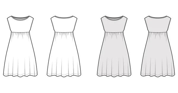 Vestido babydoll ilustração de moda técnica com mangas, corpo de grandes dimensões, joelho comprimento saia A-line, pescoço barco. Plano —  Vetores de Stock