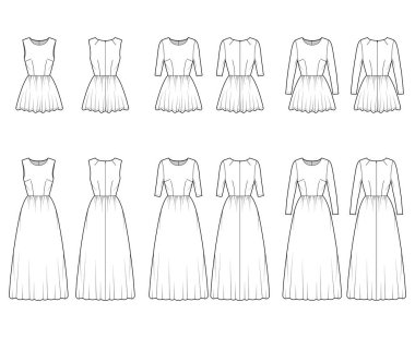 Elbiselerin kısa, uzun, teknik bir tasviri. Uzun, kısa kollu, vücuduna uygun, eteği yere yakın.