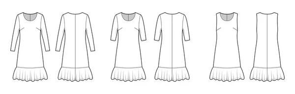 Set med klänningar tappade midjan teknisk mode illustration med långa armbåge ärmar, överdimensionerade, knä kjol, rund hals — Stock vektor