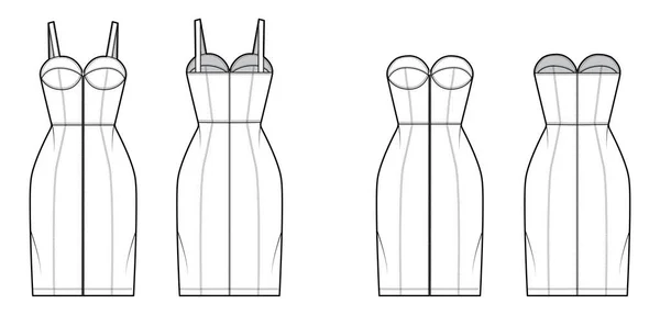 Ensemble de robes Zip-up tube denim illustration de mode technique avec bustier, sans manches, sans bretelles, corps ajusté, genou — Image vectorielle