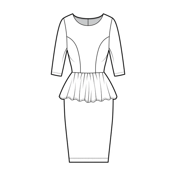 Šaty peplum technické módní ilustrace s lokty rukávy, montované tělo, kolena délka pochvy sukně, kulatý krk. — Stockový vektor