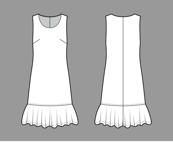 Klänning tappade midjan teknisk mode illustration med ärmlös, överdimensionerad kropp, knälängd kjol, rund hals. — Stock vektor