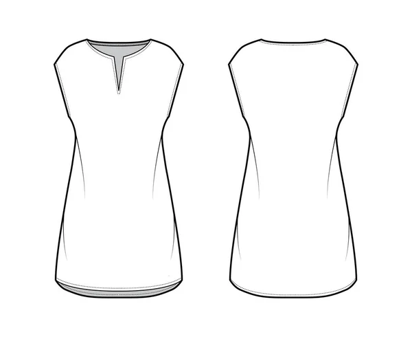 Vestido túnica técnica de moda ilustração com mangas, corpo de grandes dimensões, mini-saia de comprimento, roupas pescoço cortado — Vetor de Stock