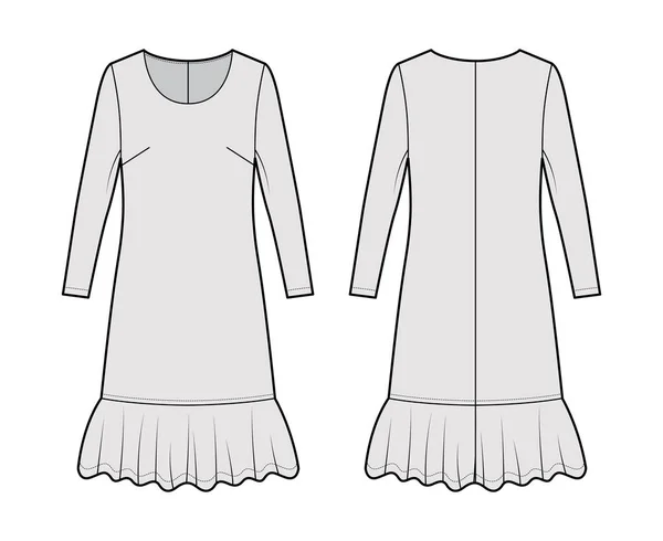 드레스 는 허리 기술적 인 패션 의 예를 들어 긴 소매, 지나치게 큰 몸, 무릎까지 의 스커어 트 , 둥근 목, — 스톡 벡터