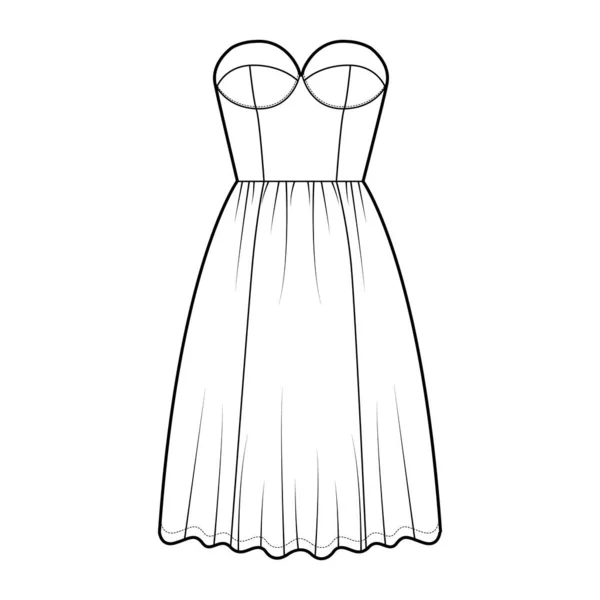 Ilustração de moda técnica vestido com bustier, sem mangas, sem alças, corpo equipado, joelho comprimento saia de babados. — Vetor de Stock