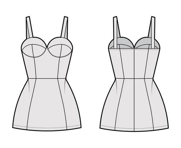 Tubo vestido de moda técnica ilustração com bustier, sem mangas, corpo equipado, mini saia de comprimento. Vestuário liso — Vetor de Stock