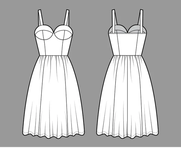 Ilustração de moda técnica vestido com bustier, sem mangas, corpo equipado, saia de babados comprimento do joelho. Plano —  Vetores de Stock