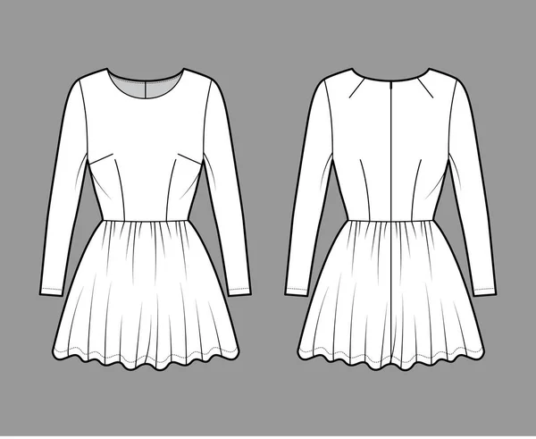 Vestido corto ilustración técnica de moda con manga larga, cuerpo ajustado, mini falda completa de longitud. Ropa plana frontal — Vector de stock