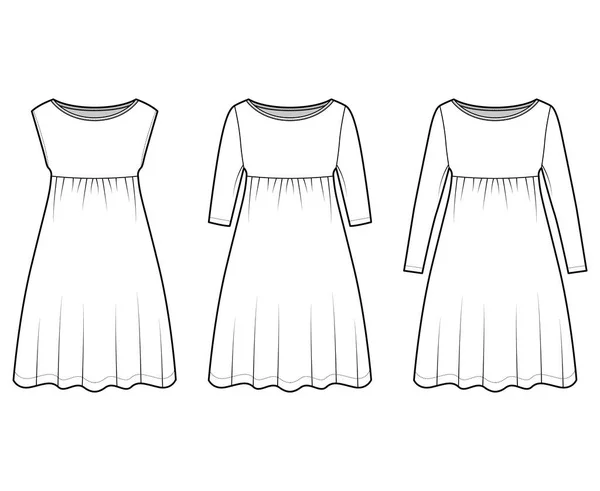 Conjunto de vestidos babydoll ilustración técnica de moda con mangas de codo largo, cuerpo de gran tamaño, longitud de rodilla falda de una línea — Vector de stock