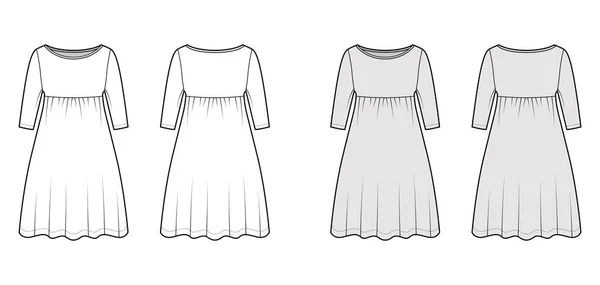 Sukienka babydoll techniczne moda Ilustracja z rękawami łokcia, przerośnięte ciało, długość kolana A-line spódnica, szyja łodzi — Wektor stockowy