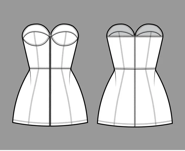 Vestido de tubo con cremallera ilustración técnica de moda con bustier, sin tirantes, cuerpo ajustado, mini falda de longitud. Prenda plana — Archivo Imágenes Vectoriales