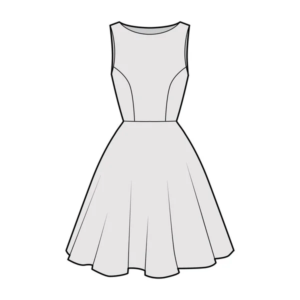Šaty kruhové technické módní ilustrace s rukávem bez rukávů, nadměrně velké montované tělo, po kolena sukně. Ploché oblečení — Stockový vektor