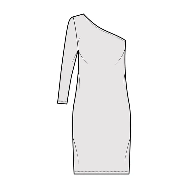 Платье одного плеча техническая мода иллюстрация с длинным рукавом, крупногабаритное тело, одежда карандаш длиной до колен — стоковый вектор