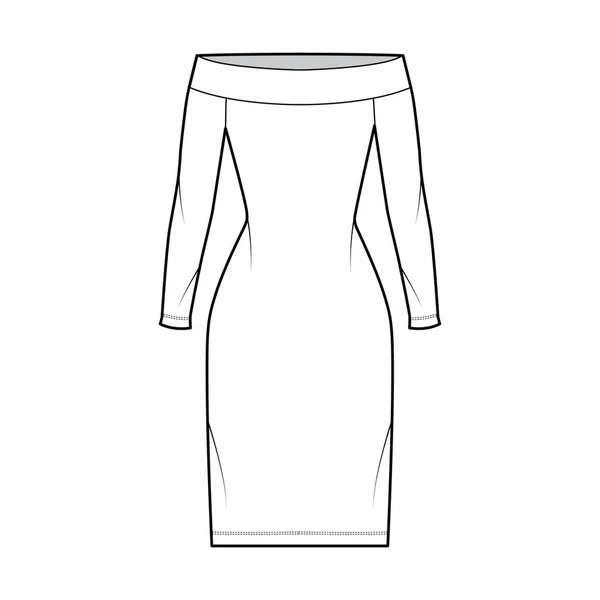 Vestido off-the-ombro Bardot ilustração de moda técnica com mangas compridas, corpo equipado, saia de lápis de comprimento do joelho —  Vetores de Stock
