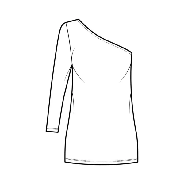Платье одного плеча техническая мода иллюстрация с длинным рукавом, крупногабаритное тело, мини длиной карандаш юбка одежды — стоковый вектор
