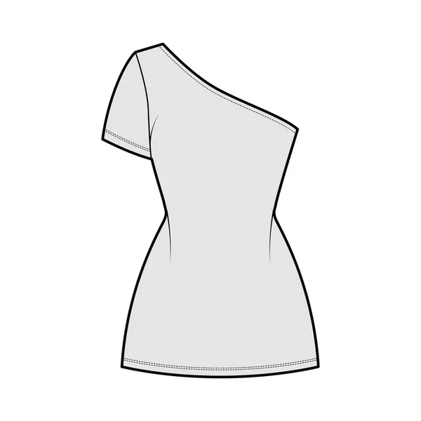 Kleid einer Schulter technische Mode Illustration mit kurzem Ärmel, tailliertem Körper, Mini-Länge Bleistiftrock. Flache Kleidung — Stockvektor