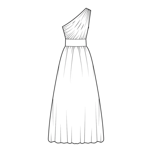Kleid einer Schulter technische Mode Illustration mit tailliertem Körper, Boden Maxi Länge kreisförmigen Rock. Flacher Abend — Stockvektor