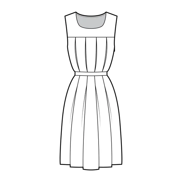 Kleid gymslip technische modeillustration mit ärmellosen, knielangen A-line rock, falten, ausschnitt schöpfen. Flach — Stockvektor