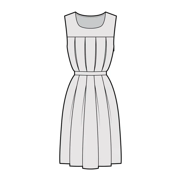 Φόρεμα gymslip τεχνική απεικόνιση μόδας με αμάνικο, γόνατο μήκος A-line φούστα, πιέτες, σέσουλα λαιμόκοψη. Επίπεδη — Διανυσματικό Αρχείο