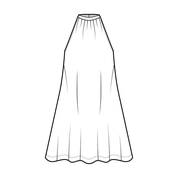 Kleid trapezzelt technische modeillustration mit ärmellosem, überdimensionalen körper, knielang, gebänderter hoher hals halter — Stockvektor