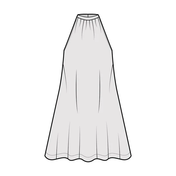Vestido trapézio barraca técnica moda ilustração com mangas, corpo de grandes dimensões, comprimento do joelho, amarrado alto pescoço halter — Vetor de Stock