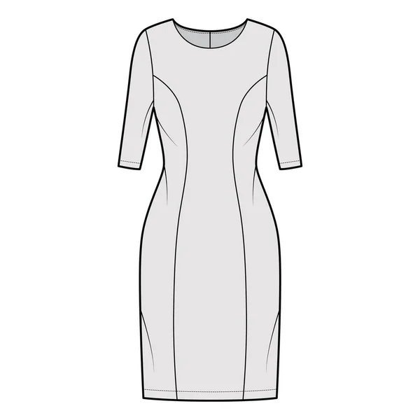 Vestido princesa línea técnica moda ilustración con las mangas del codo, cuerpo ajustado, longitud de la rodilla lápiz falda ropa — Vector de stock